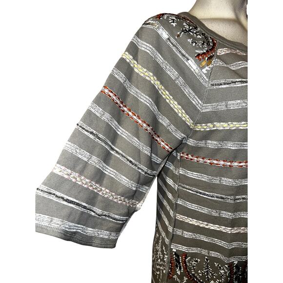 SOFT SURROUNDINGS Top Size M Taupe Striped Embroidered Beaded Artiste Tunic - Picture 4 of 8